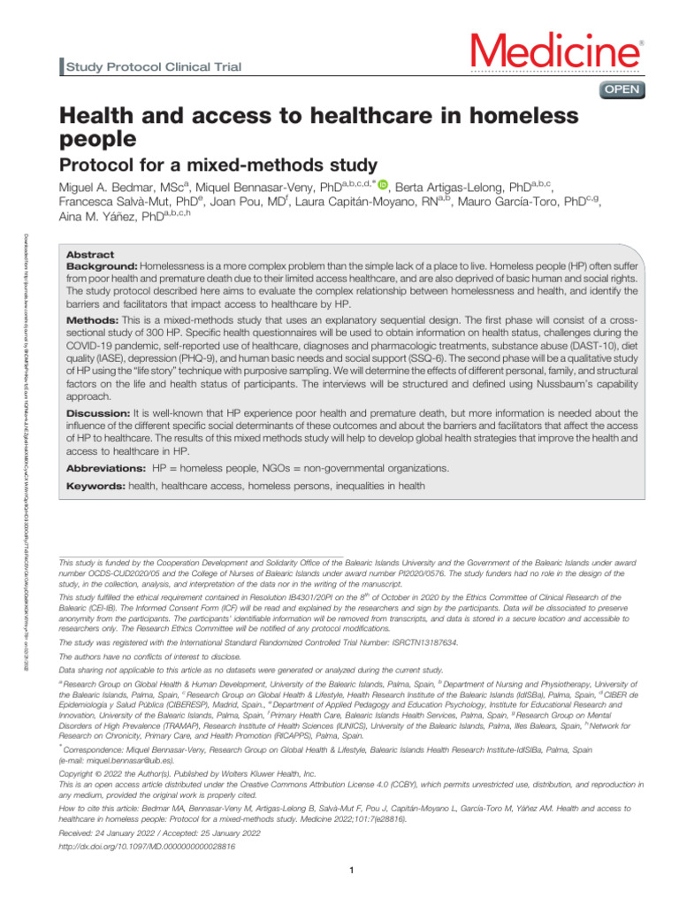 Health and Access To Healthcare in Homeless.14 | PDF | Homelessness ...