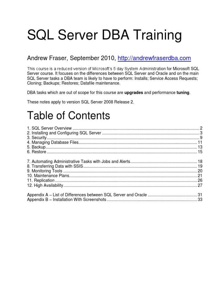 SQL Server DBA Training: Andrew Fraser, September 2010 | PDF