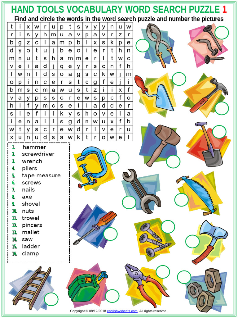 Hand Tools Vocabulary Esl Word Search Puzzle Worksheets For Kids | PDF ...