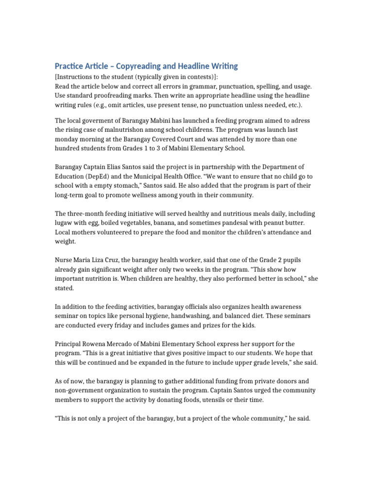 Copyreading Practice Article | PDF