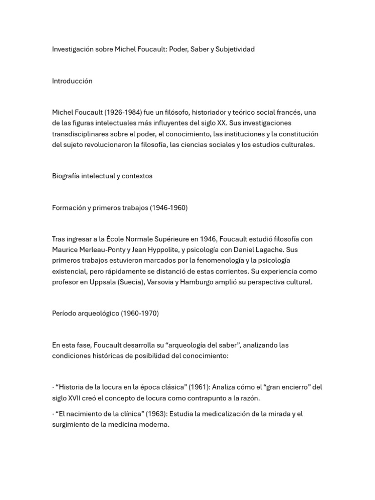 Investigación Sobre Michel Foucault: Poder, Saber y Subjetividad | PDF ...