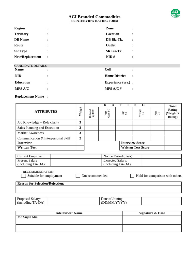 SR Interview Rating Form | PDF