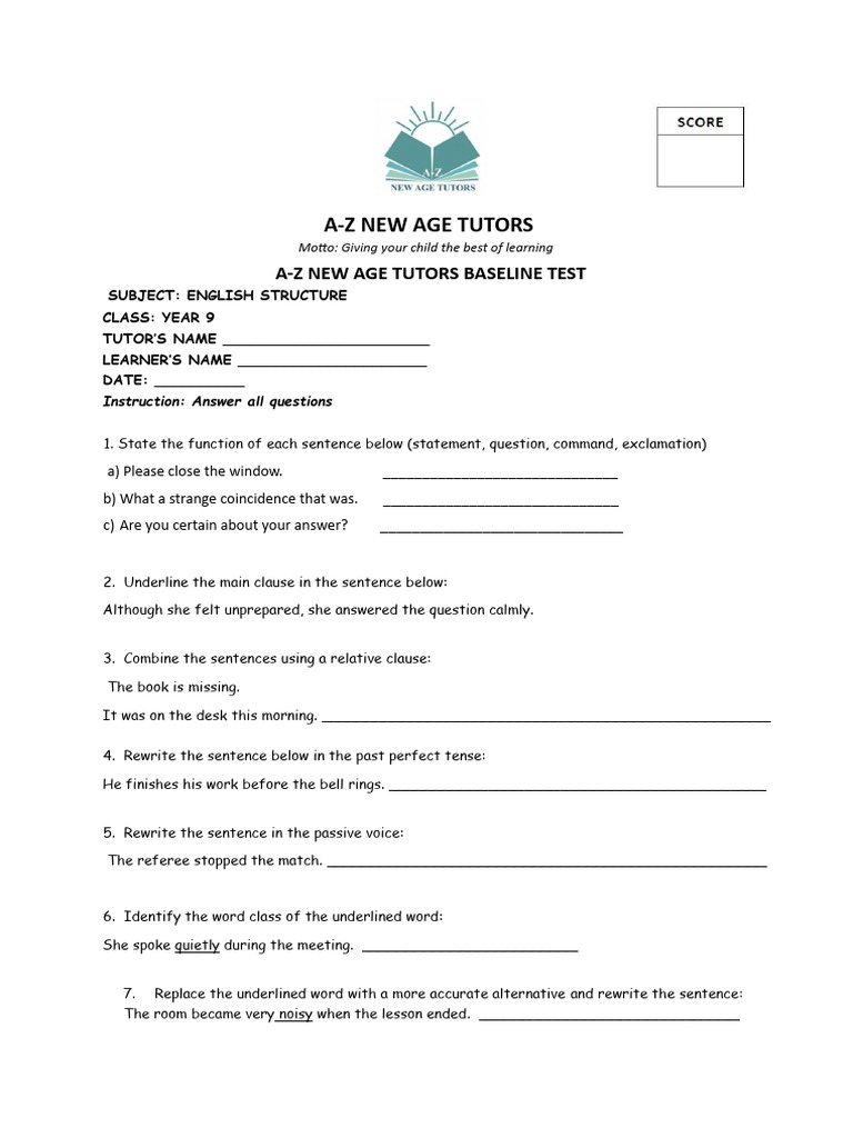 English Year 9 Baseline Tests Questions | PDF | Sentence (Linguistics ...