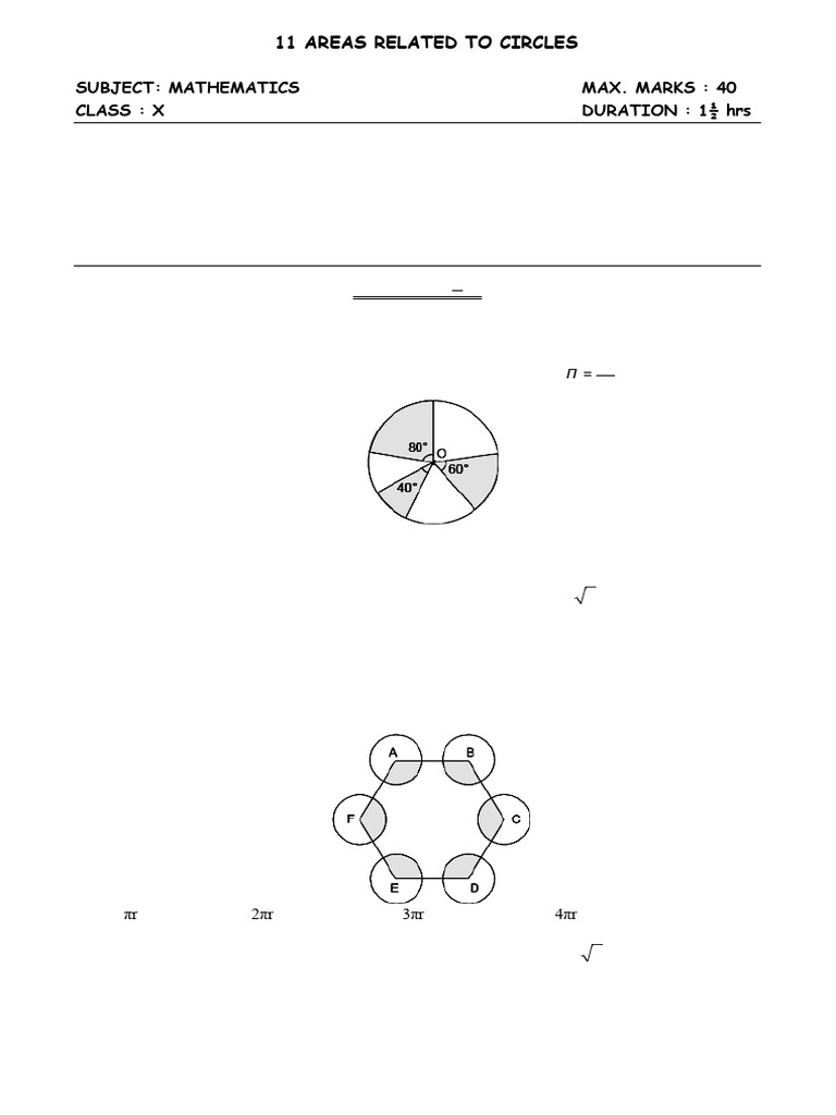 Chapter 11 Areas Related To Circles Practice Paper | PDF | Area | Circle