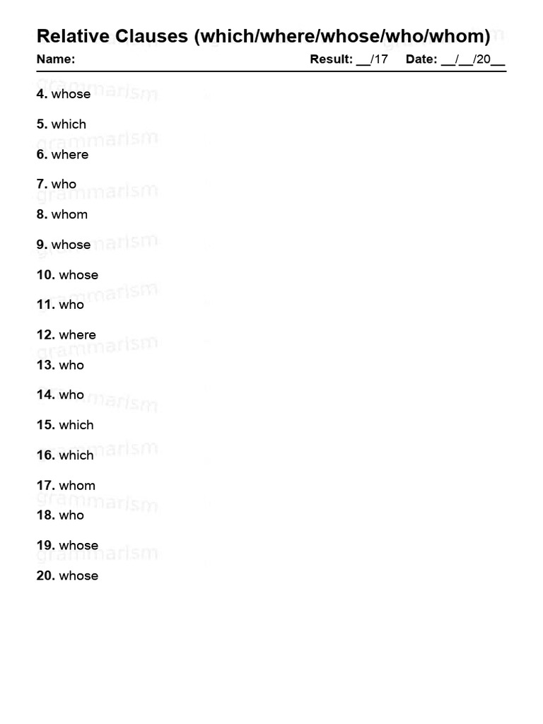Grammarism Relative Clauses Test 1 Answers 2196958 | PDF