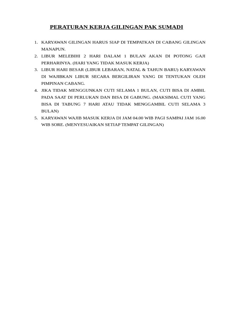 Peraturan Kerja Gilingan Pak Sumadi | PDF
