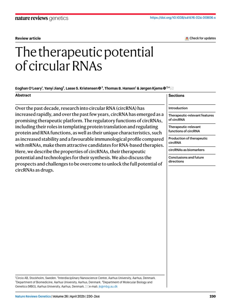 The Therapeutic Potential of Circular Rnas: Genetics | PDF | Rna ...