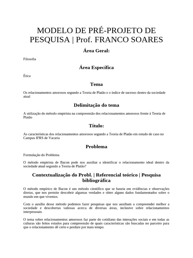 Modelo de Pré-Projeto de Pesquisa - Prof | PDF | Amor | Método científico