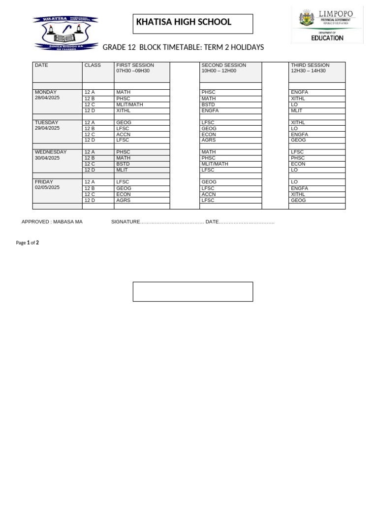 Block Timetable Term 2 2025 Holidays Recovery-1 | PDF