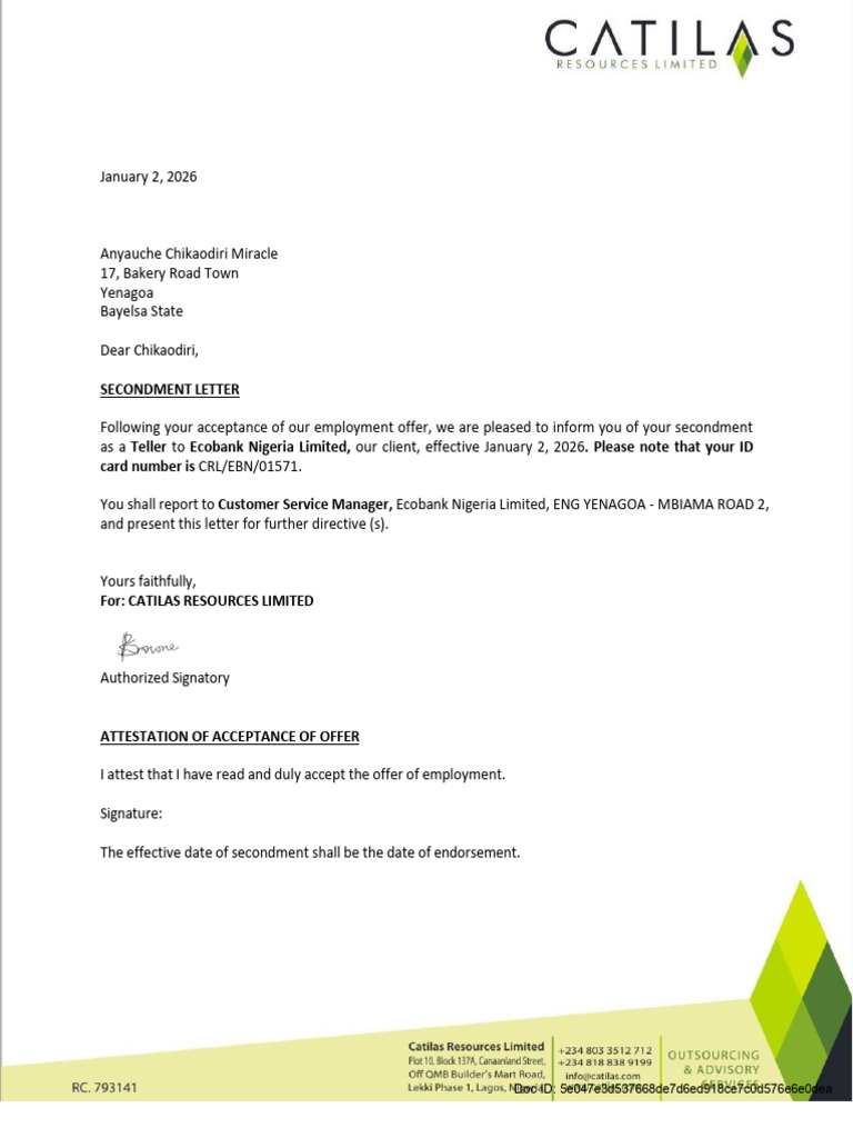 Secondment Letter Miracle | PDF