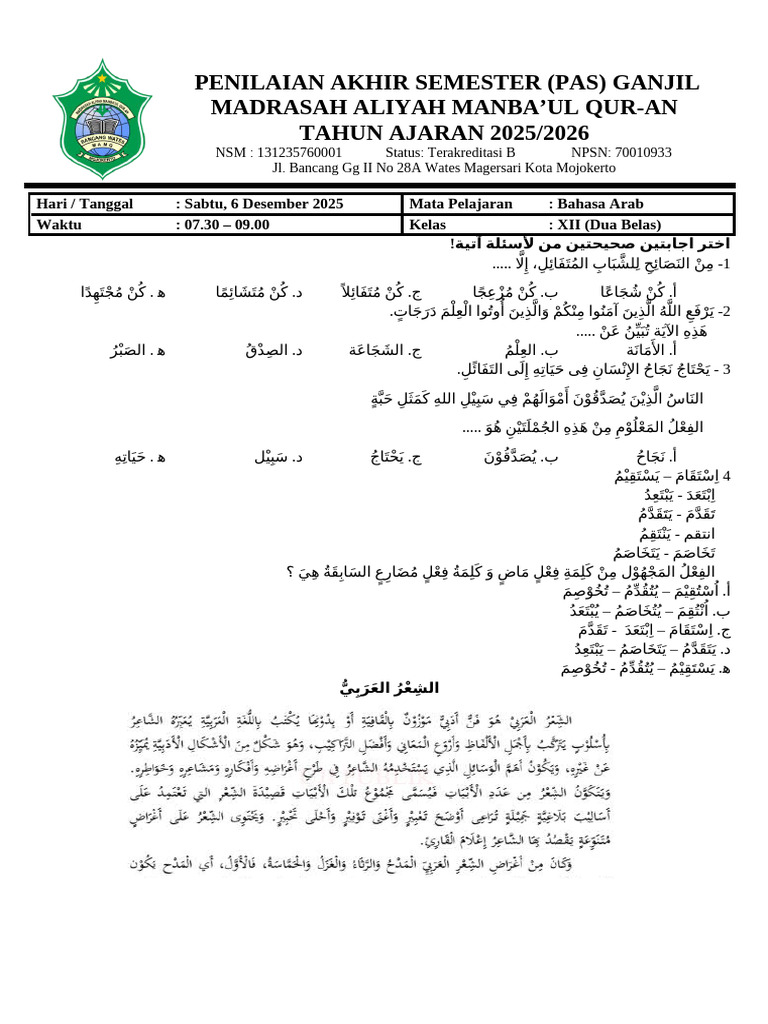 Soal Bahasa Arab Kelas Xii Pas Sas Ganjil 2025 Update Fix | PDF