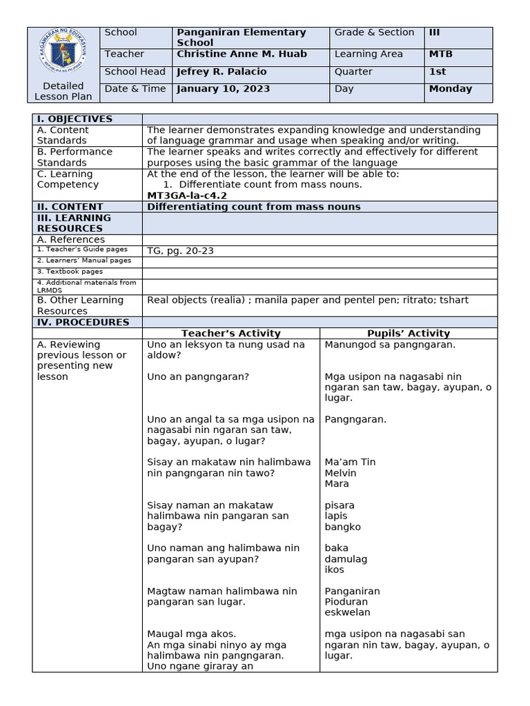 Lesson Plan in MTB 3 - Differentiating Count From Mass Nouns | PDF