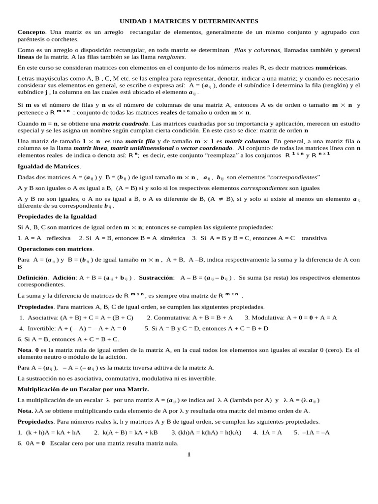 UNIDAD 1 MATRICES Y DETERMINANTES | PDF | Matriz (Matemáticas ...