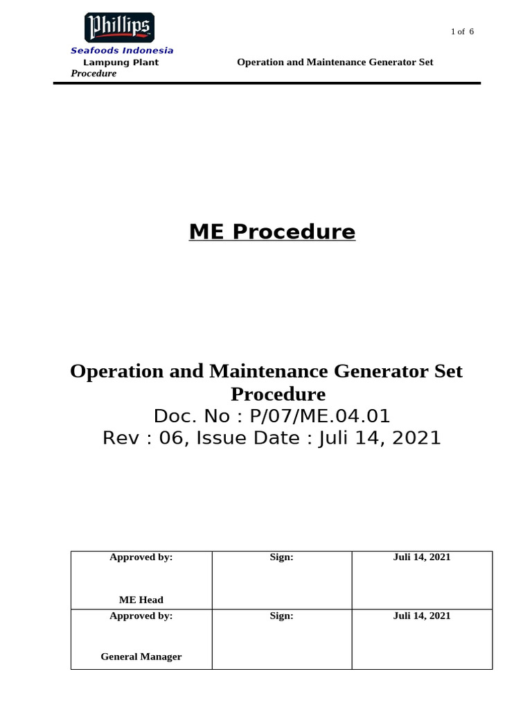 P.07.ME.04.01 Prosedure Perawatan Generator SEt | PDF | Electric ...