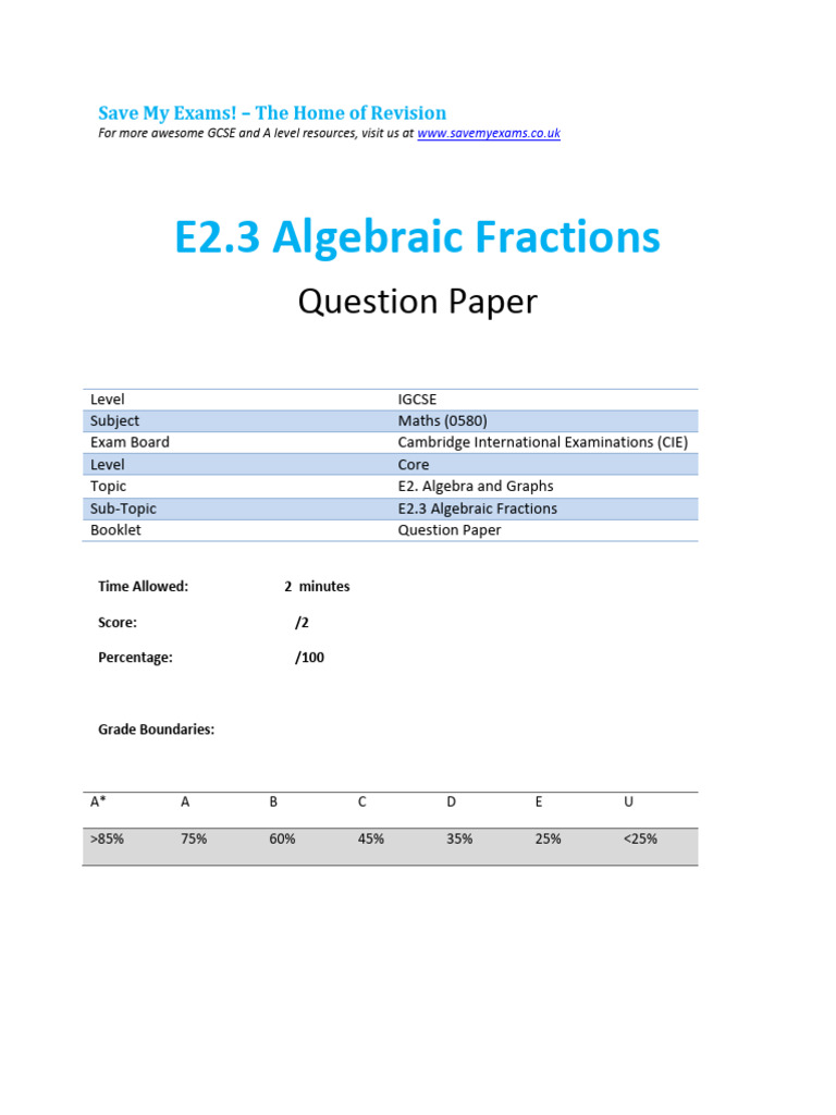 2.3 Algebra and Graphs Algebraic Fractions Cp | PDF