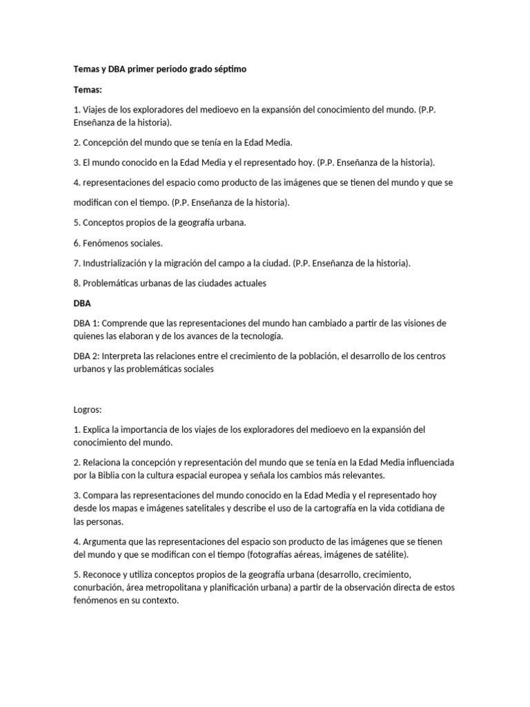 Temas y DBA Primer Periodo Grado Séptimo (2) | PDF | Urbanización ...