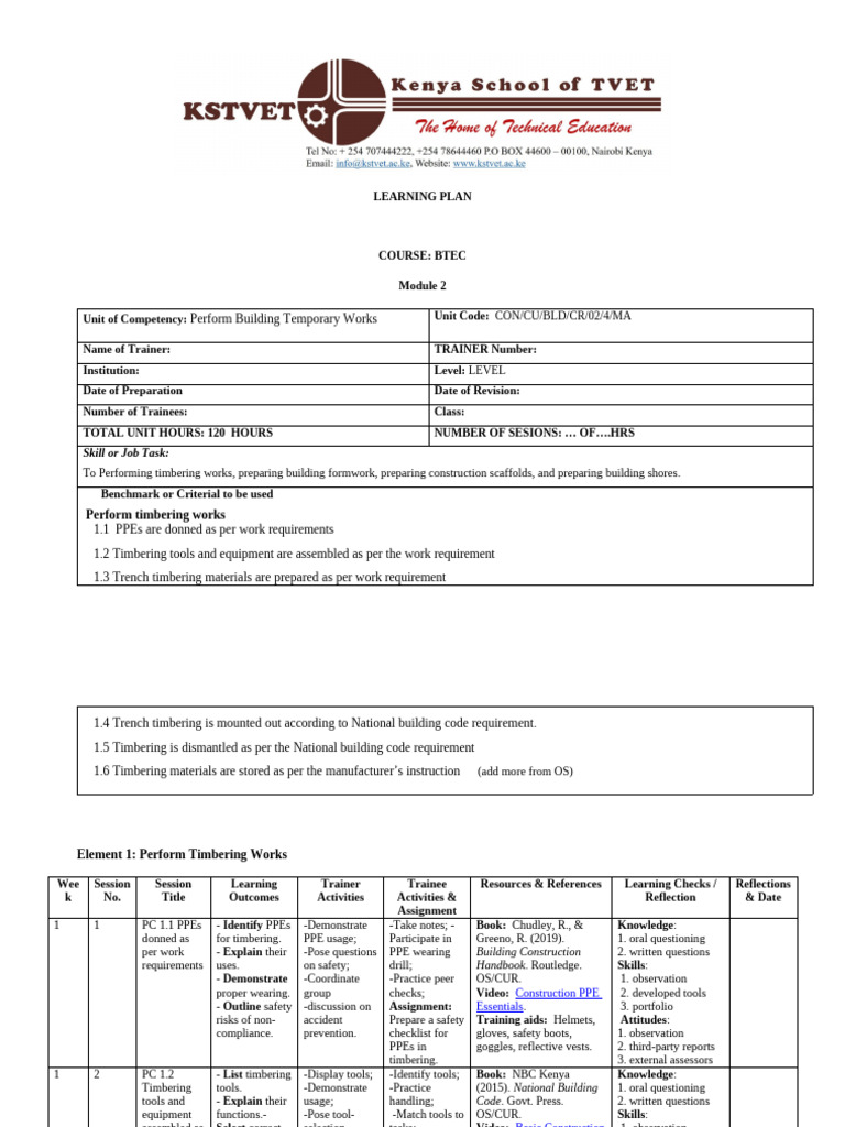 Perform Building Temporary Works Learning Plan | PDF | Personal ...