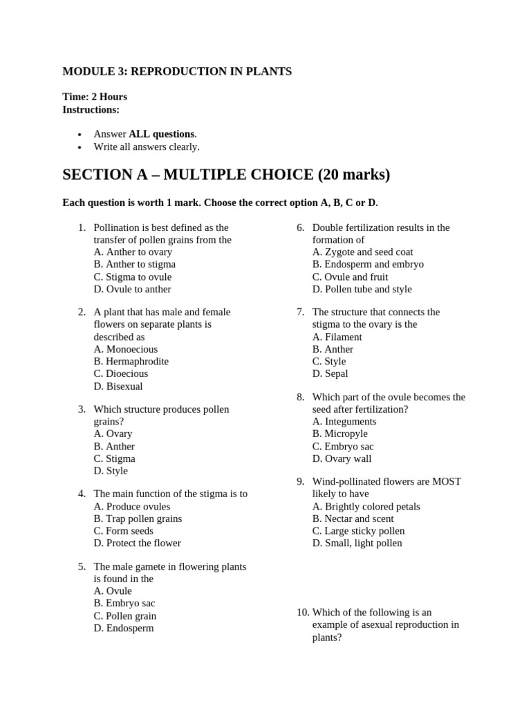 MODULE 3 - Reproduction in Plants Exam | PDF | Flowers | Seed