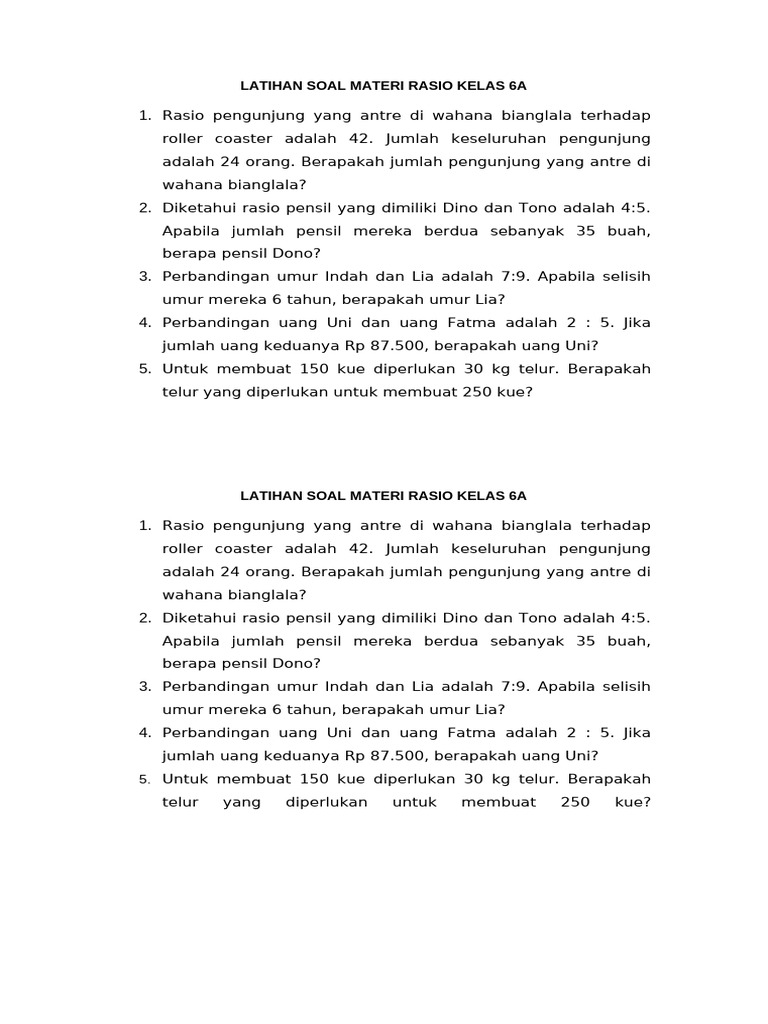 Latihan Soal Materi Rasio Kelas 6a | PDF