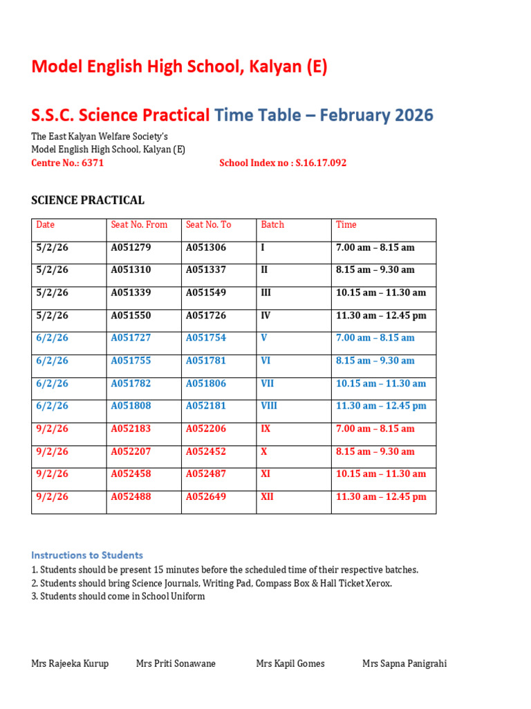 SSC Science Practical Oral Timetable Feb 2026 | PDF