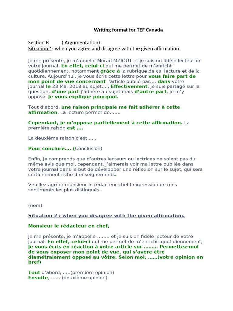 Writing Format For TEF Canada | PDF