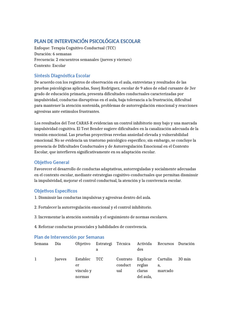 Plan Intervencion Escolar Susej Completo | PDF | Terapia de conducta ...