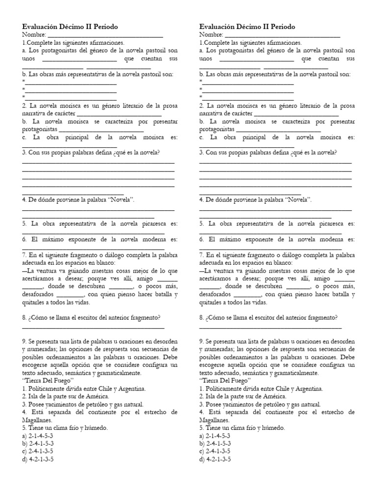 Evaluación Décimo II Periodo | PDF | Novelas | Teoría literaria
