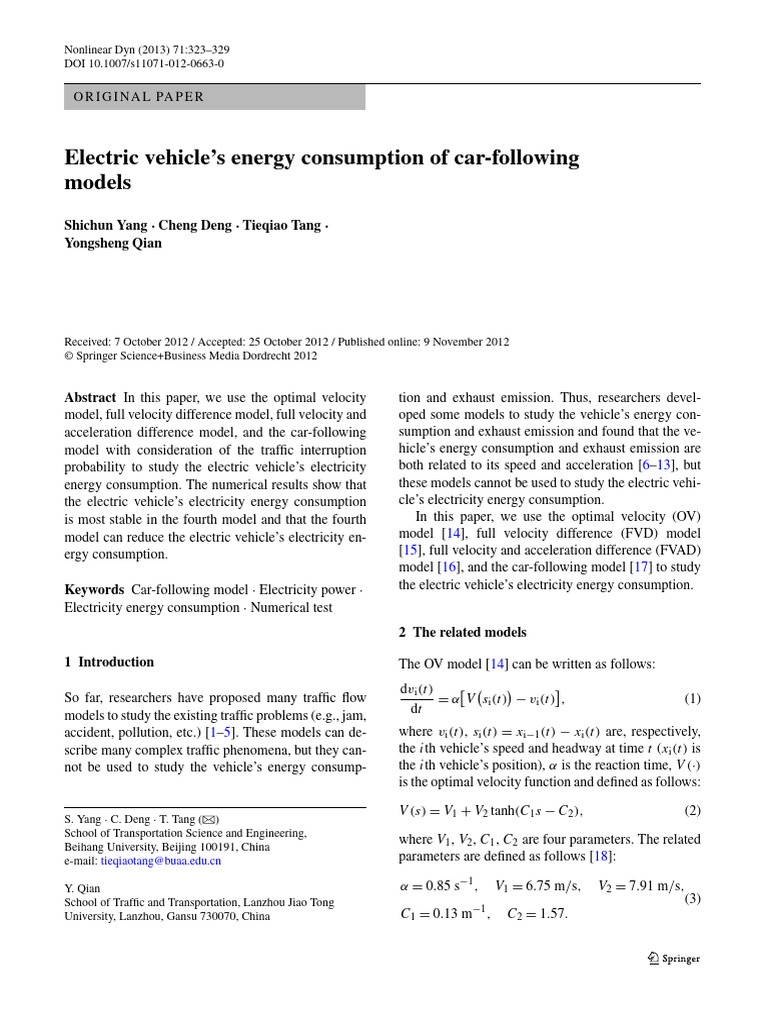 Electric Vehicle's Energy Consumption of Car-Following Models | PDF ...