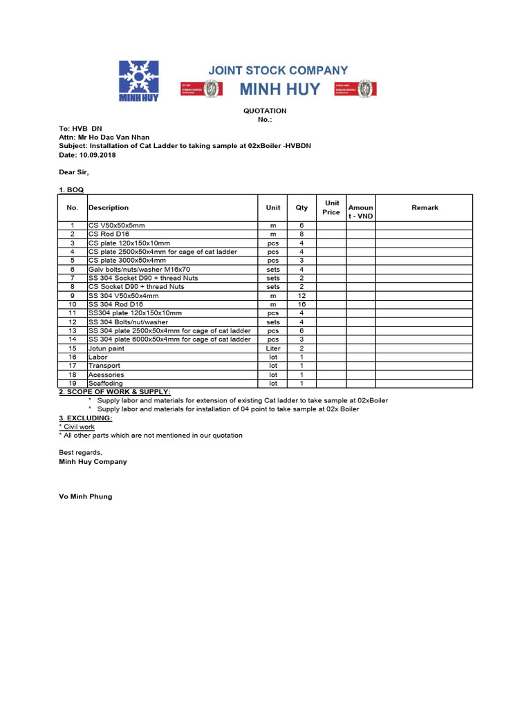 MH - BOQ For Installation of Cat Ladder To Take Sample at Boiler ...