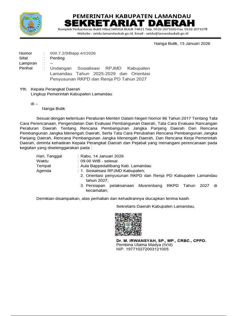 Surat Sekda - Undangan Orientasi RKPD Dan Renja PD | PDF