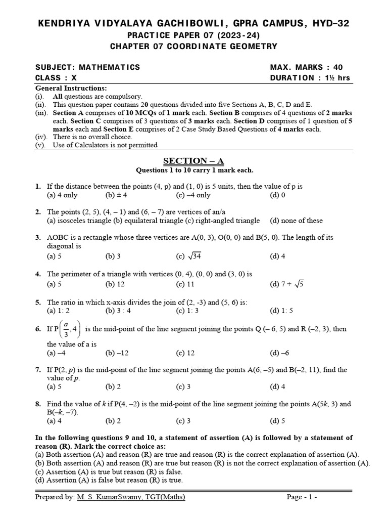 Maths Class X Chapter 07 Coordinate Geometry Practice Paper 07 1 | PDF ...