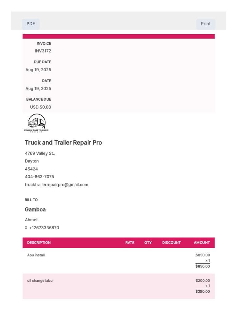 Truck and Trailer Repair Pro - Invoice INV3172 | PDF