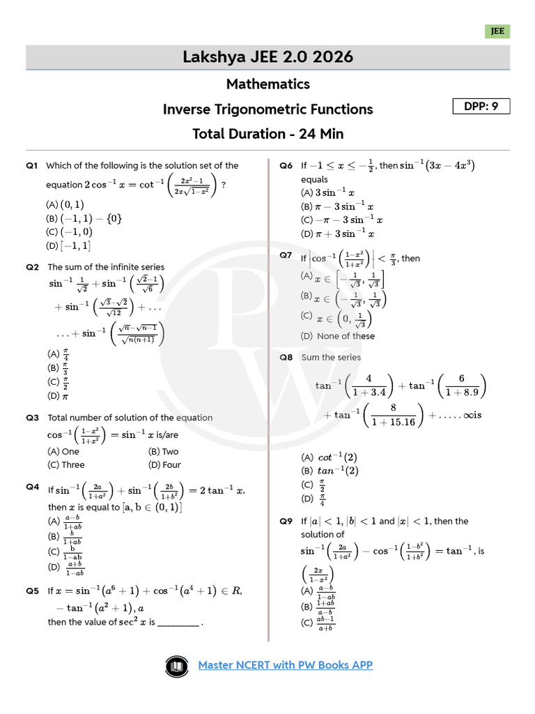 Inverse Trigonometric Functions DPP 09 (of lec 10) | PDF | Trigonometry ...