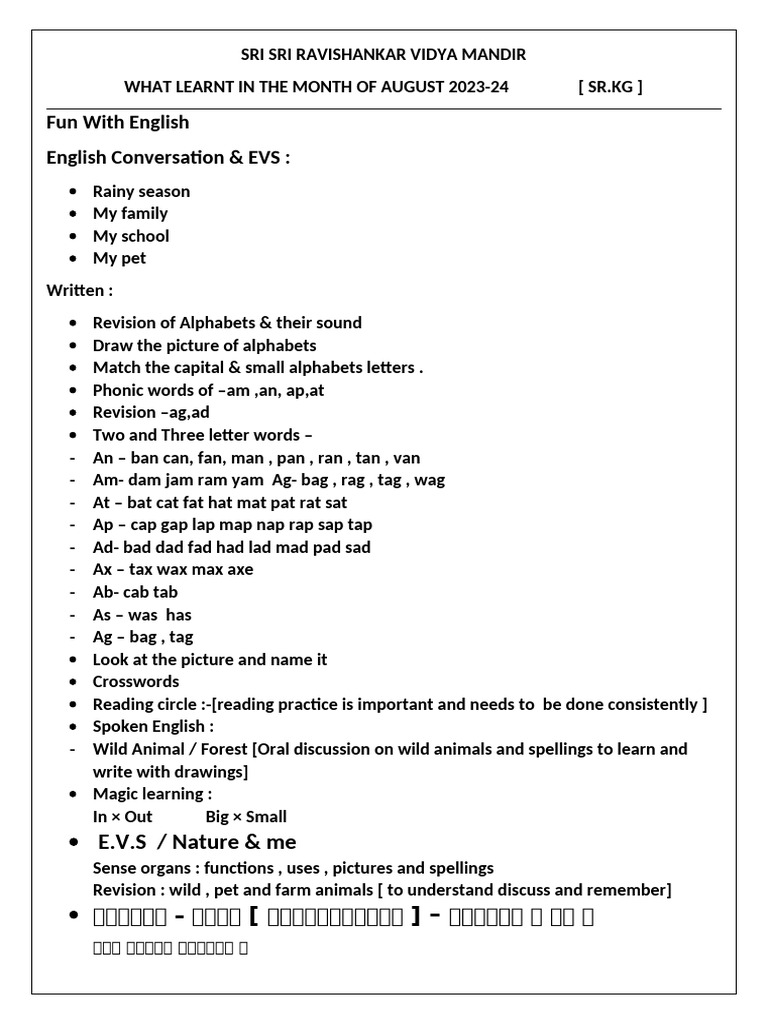 SR - KG Syllabus | PDF | Linguistics