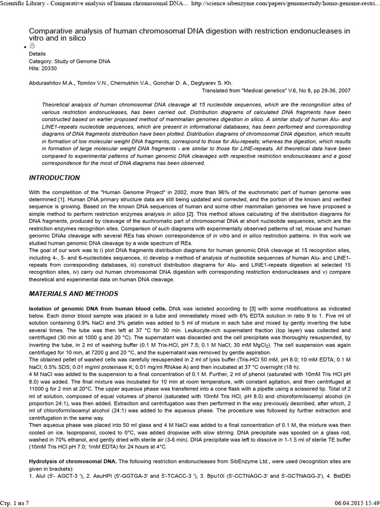 Comparative Analysis of Human Chromosomal DNA Digestion With ...