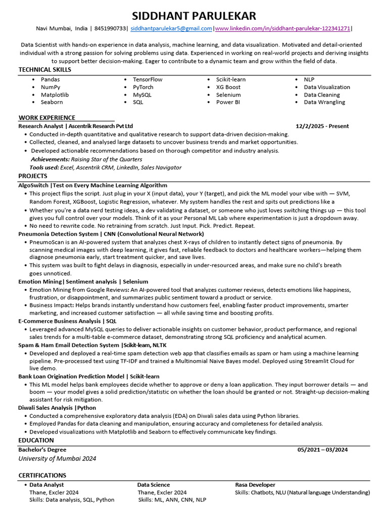 Siddhant Data Sci CV PDF | PDF | Machine Learning | Cognitive Science