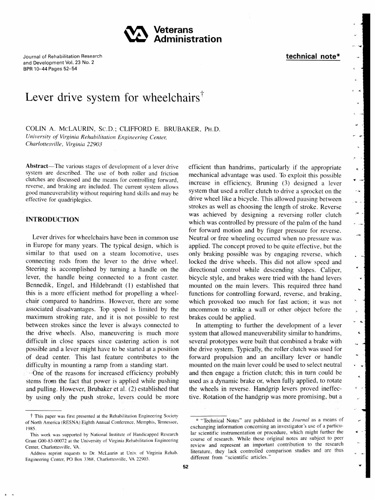 Lever Drive System For Wheelchairs PDF Wheelchair Clutch