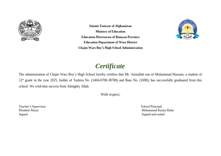 Azizullah Certificate | PDF