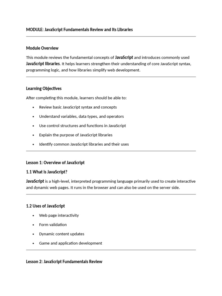 JavaScript Fundamentals Review and Its Libraries | PDF | Java Script ...