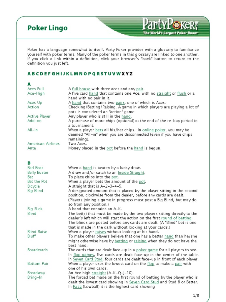 Poker Lingo Abcdefghijklmnopqrstuvw A PDF Betting In Poker Poker