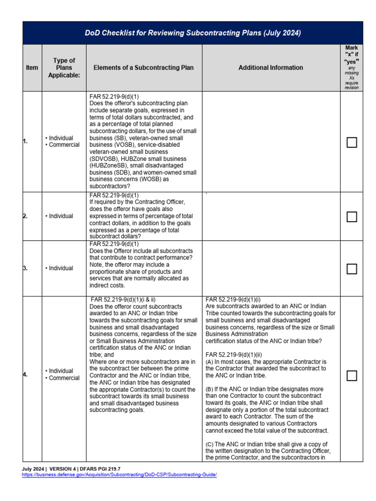 DoD Checklist For Reviewing Subcontracting Plans (July 2024) - Revised ...