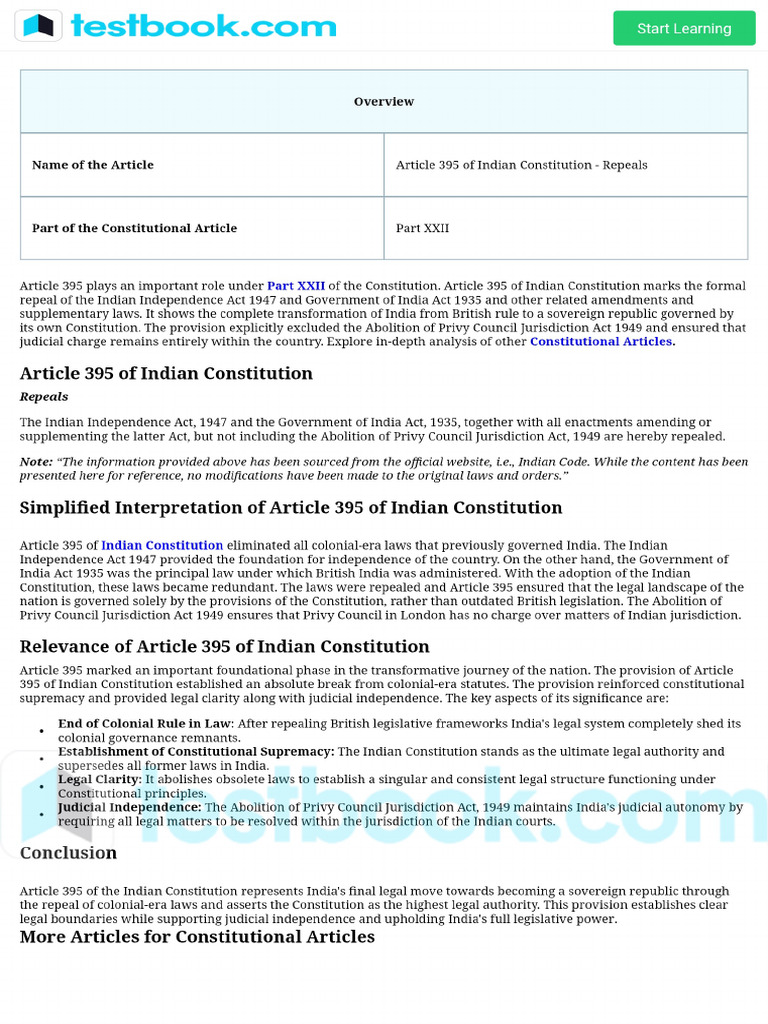 Article 395 of Indian Constitution - Repeals | PDF