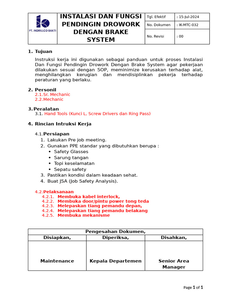 Ik-Mtc-032 - Instalasi Dan Fungsi Pendingin Drowork Dengan Brake System ...