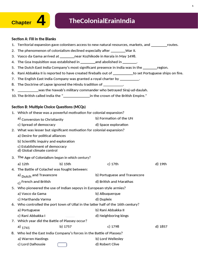 The Colonial Era in India Class 8 Social Science Worksheet | PDF ...