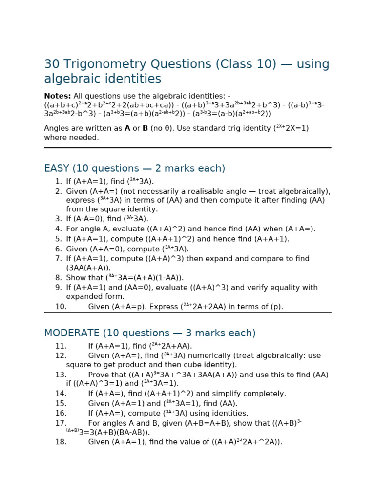 30 Trig Questions Using Algebraic Identities (Angles A, B) | PDF ...