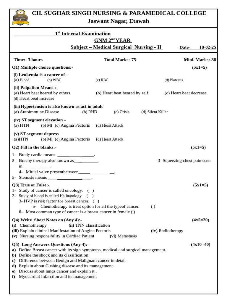 GNM 2nd Year Medical Surgical Nursing | PDF | Myocardial Infarction ...