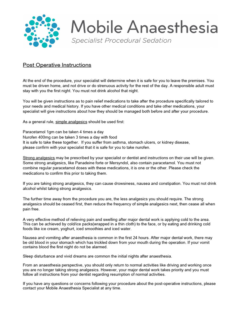 IV Sedation Post Op Instructions | PDF | Analgesic | Anesthesia