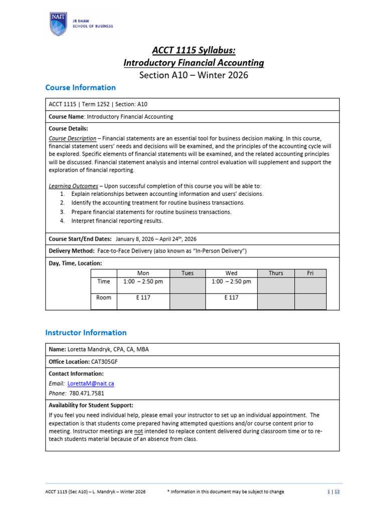 ACCT 1115 - Syllabus (A10) - W2026 (1) | PDF