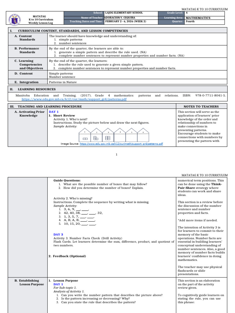 DTC - DLL Matatag - Math 4 Q4 W2 | PDF | Curriculum | Learning