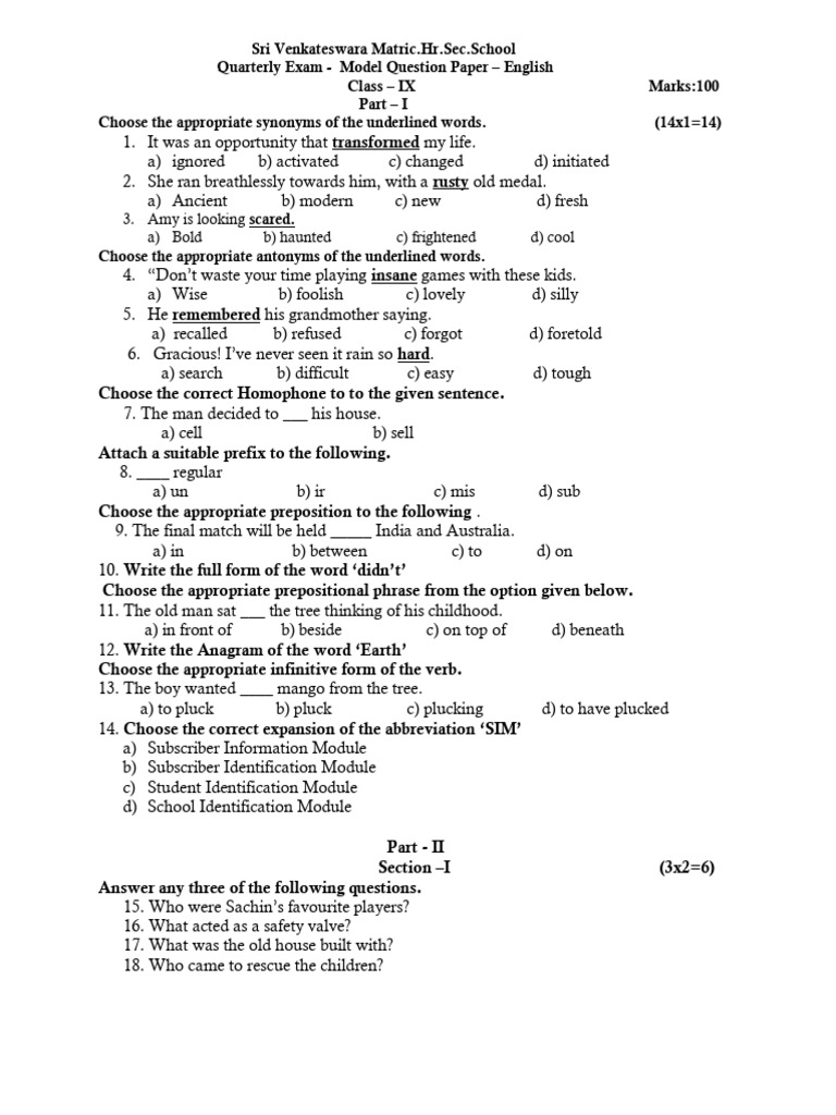 Model Question Paper - Quarterly Exam Class IX | PDF | Junk Food ...